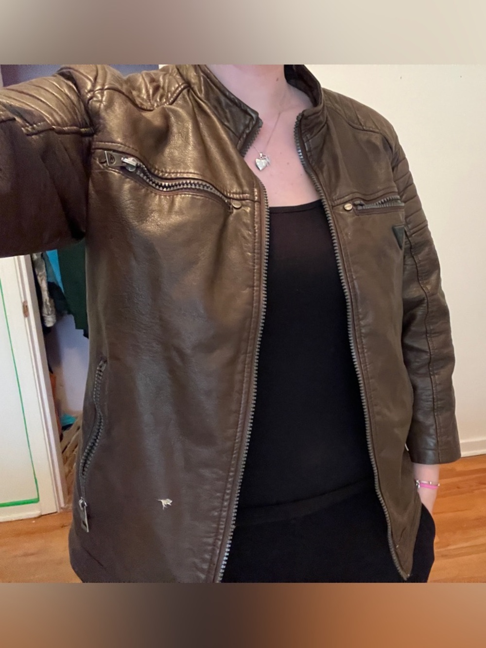 GUESS Brown Faux Leather Moto Jacket Short Sleeves